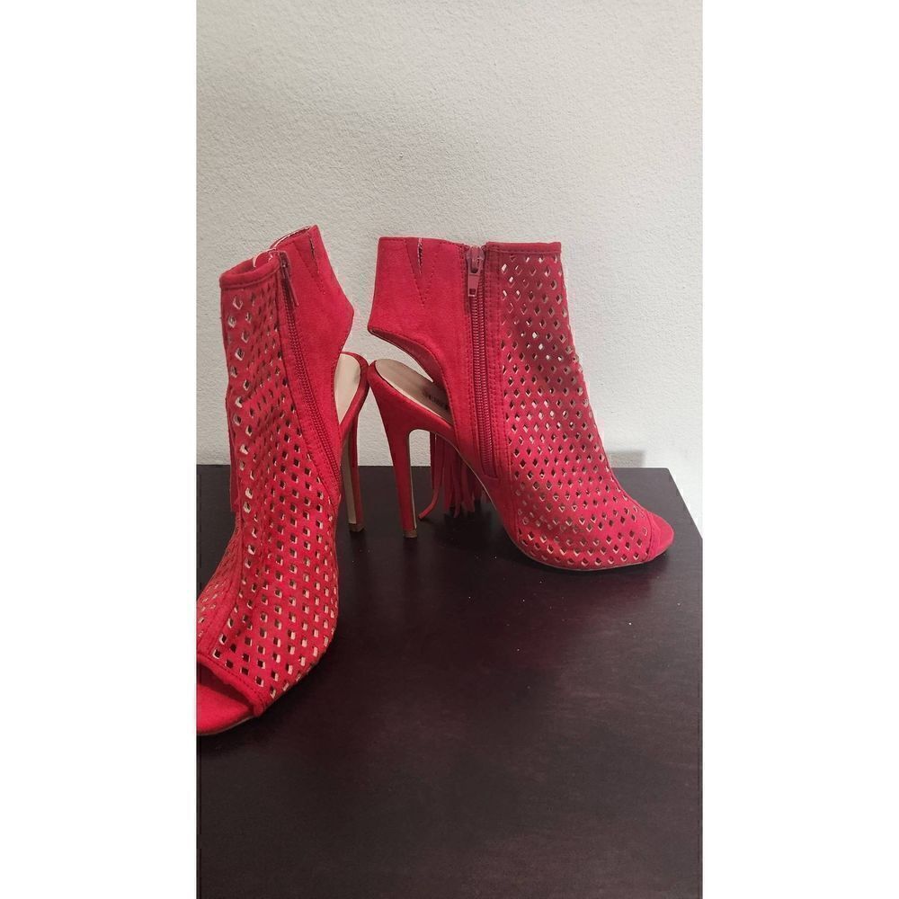 JustFab Tila, Vegan Suede Red  Peep Toe and Heel Side Zip Ankle Bootie, 8.5